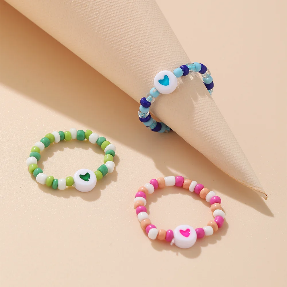 

Bohemian Handmade Adjustable Beaded Heart Finger Rings Women Girls Bead Multi Color Stretch Rope Vacation Boho Bead Ring Jewelry