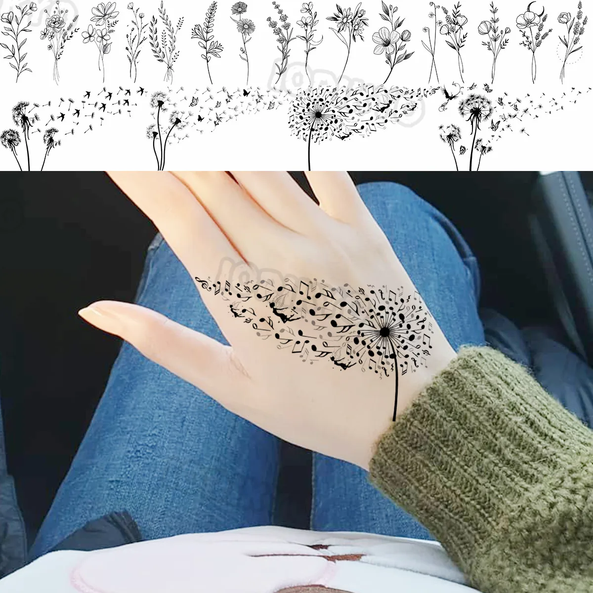 

Dandelion Notes Temporary Tattoos For Women Realistic Thorn Lily Fake Tattoo Sticker Waterproof Hand Body Tatoos Summer Style