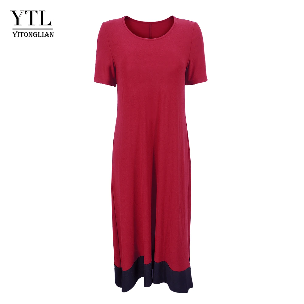 Женское однотонное платье YTL с круглым вырезом в стиле пэчворк красное
