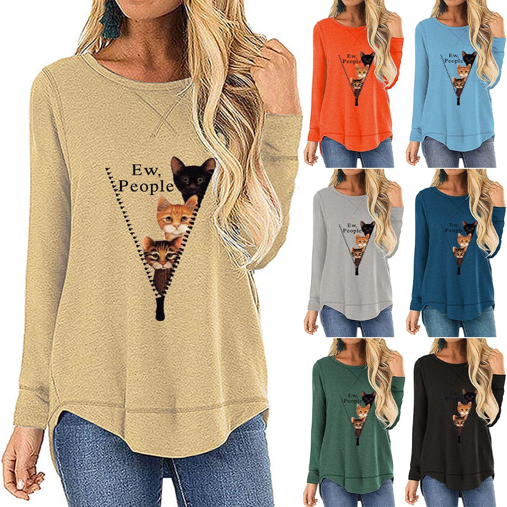 

Футболка женская с длинным рукавом, Повседневный пуловер с круглым вырезом и принтом мультяшного кота, большие размеры