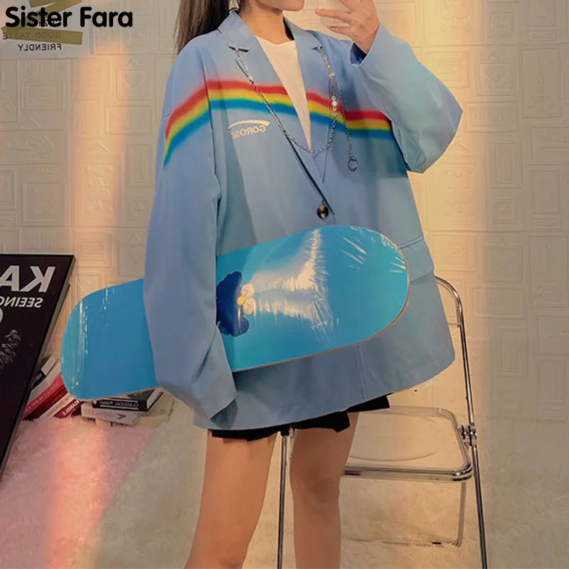 

Женский блейзер с принтом цепей Sister Fara, весенний однобортный Тонкий Блейзер радужной расцветки, повседневный жакет для женщин на осень