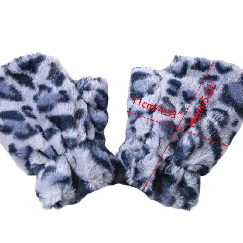

Womens Winter Thicken Fluffy Plush Touch Screen Half Finger Gloves Vintage Leopard Typing Texting Warm Fingerless Mitten