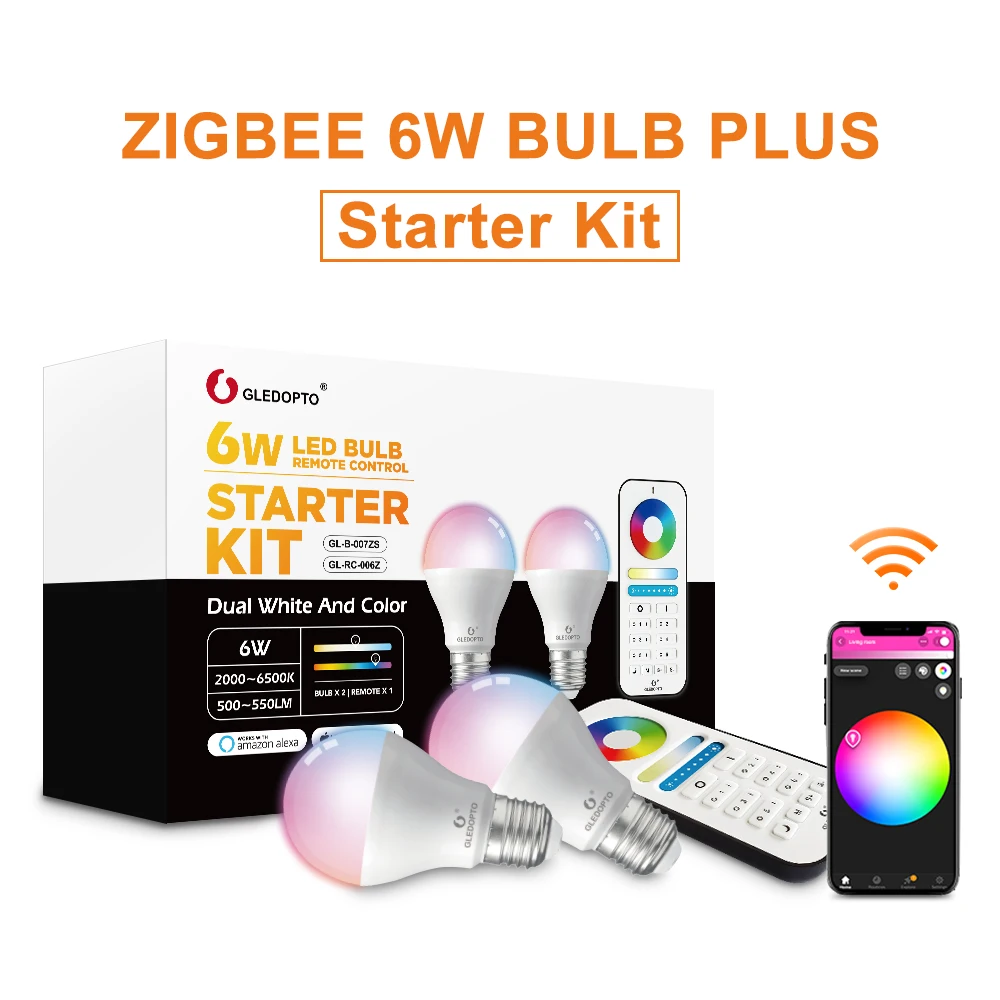 GLEDOPTO ZigBee samrt светодиодный светильник, 2 упаковки, меняющий цвет(RGB& CCT), e27, E26, 6 Вт, лампа, совместимая с Amazon Alexa, zigbee hub