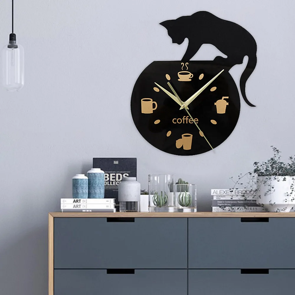 

Wall Clock 3D Fridge Cats Clock Home Mirror DIY Decoration Living Room Cup Coffee Pattern Refrigerator Decoration