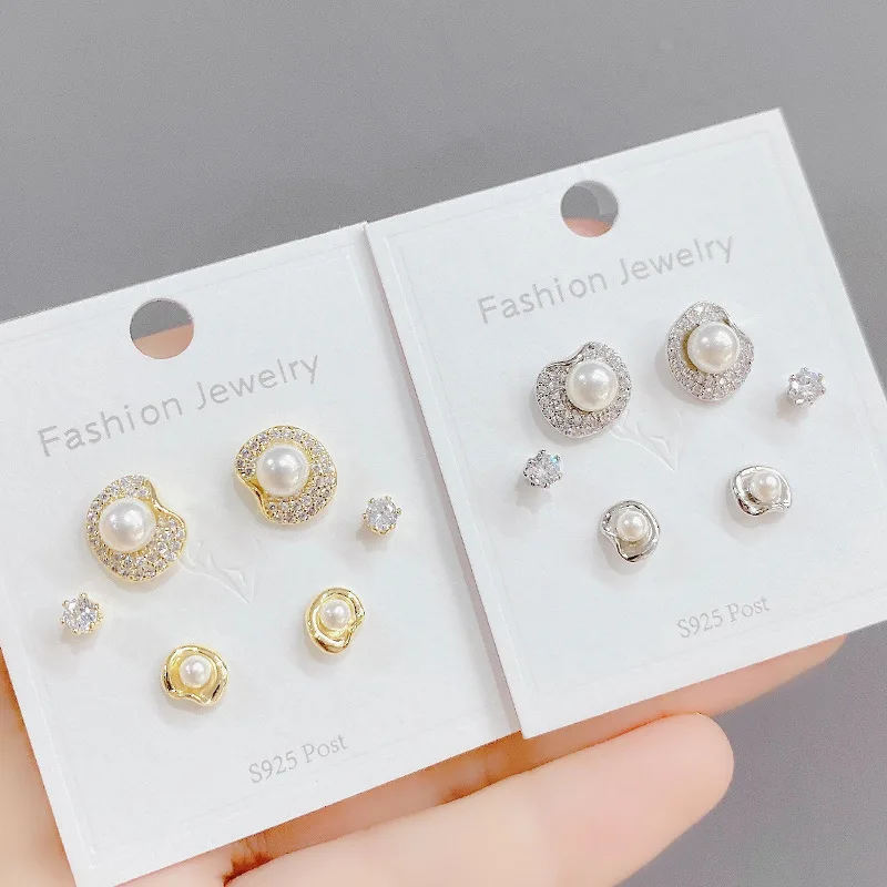 

Korean Style Exquisite S925 Silvers Needle Zircon Pearl Female Stud Earrings Versatile Temperament 3 Pcs/set