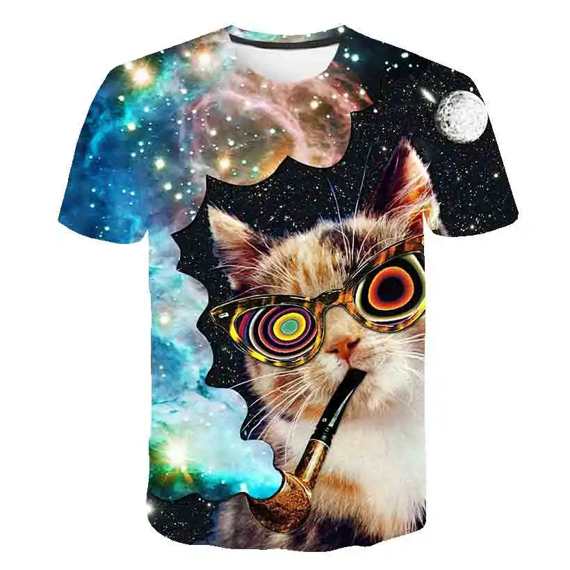 

Polyester Cat T-Shirt For Boy 2021 Animal Print Cat Boys Short Sleeve For Girls Tops Cartoon Kids T Shirt Clothes 4-14 Yrs