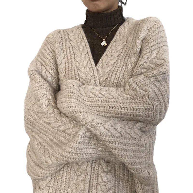 

SuperAen 2021 Autumn Winter Retro V-neck Thickened Knitted Cardigan Women's Loose Twist Medium Length Sweater Coat