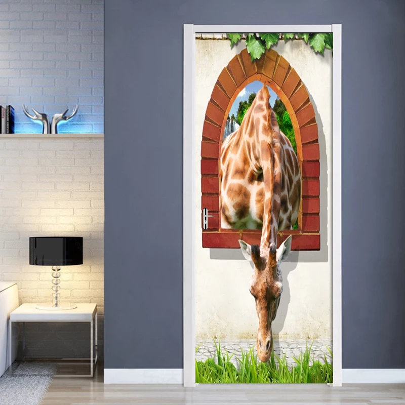 3D кирпичная стена за пределами двери жирафа Наклейка ПВХ самоклеящаяся дверь