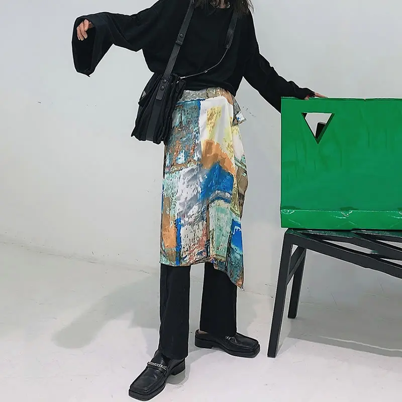 XITAO Print Patchwork Loose Pants Women Trendy Fashion New Style High Waist Flat Straight Fake Two Pieces Belt Minority ZY5103