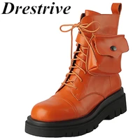 drestrive genuine leather orange shoe bag round toe women ankle boots round toe lace up platform zipper cow leather flat with