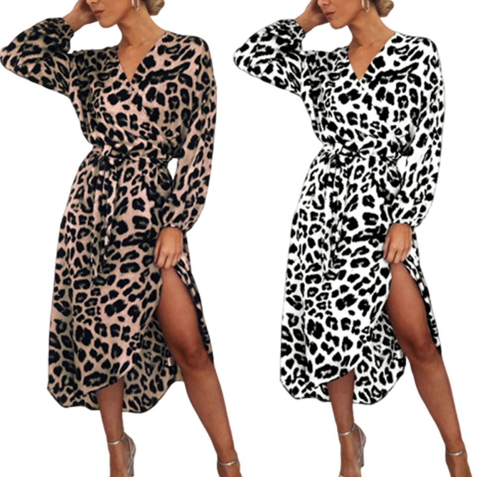 Leopard Print Dress For Women V Neck Long Sleeve Sukienka Cross Front Midi Irregular Hem Sexy Party Night Club 2021 | Женская одежда