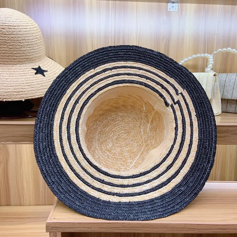 

2020 New Women wIDE bRIM Sun Hat Flat Black Beige straw patchwork Ladies Summer Beach Hat with Bowknot derby Church Party Hat