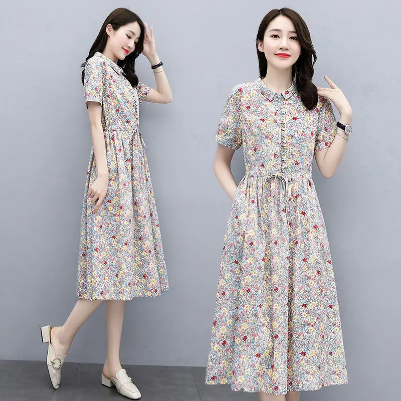 

2021 New Summer Women Loose Dress Floral Printed Cotton Linen Dress Female Vintage Plus Size High Street Slim A-Line Dress B228