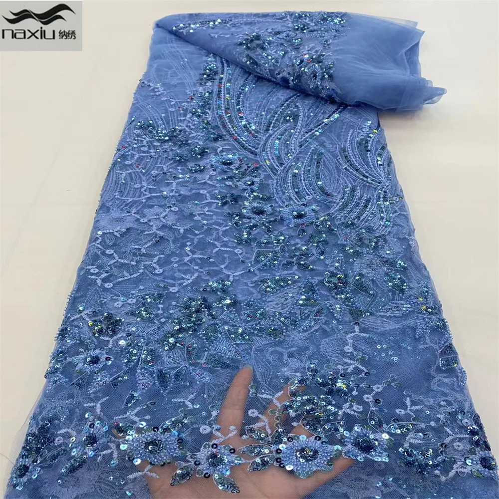 

Madison Skyblue Beads African Sequins Lace Fabric 2021 High Quality Lace French Nigerian Tulle Lace Fabrics Women Wedding Party