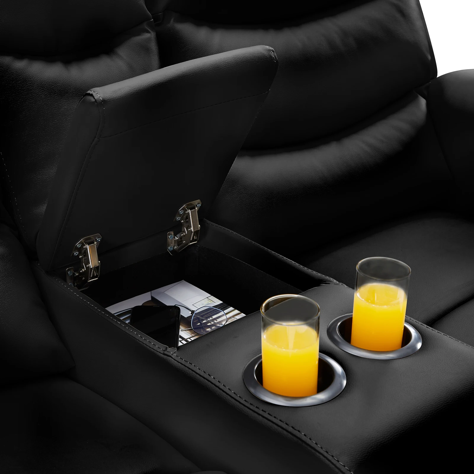

Living Room Sofa Pu Leather Sofa 2-Seater With Console Black Pu Modern House Living Room Funitures Office Sofa With Storage Case
