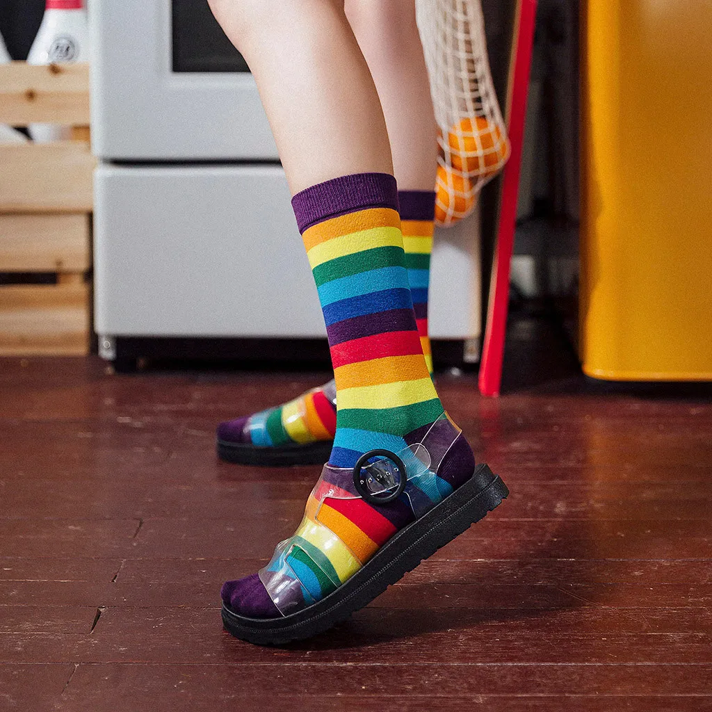 Хлопковые носки в радужную полоску Женские Теплые без пятки для девочек Модные