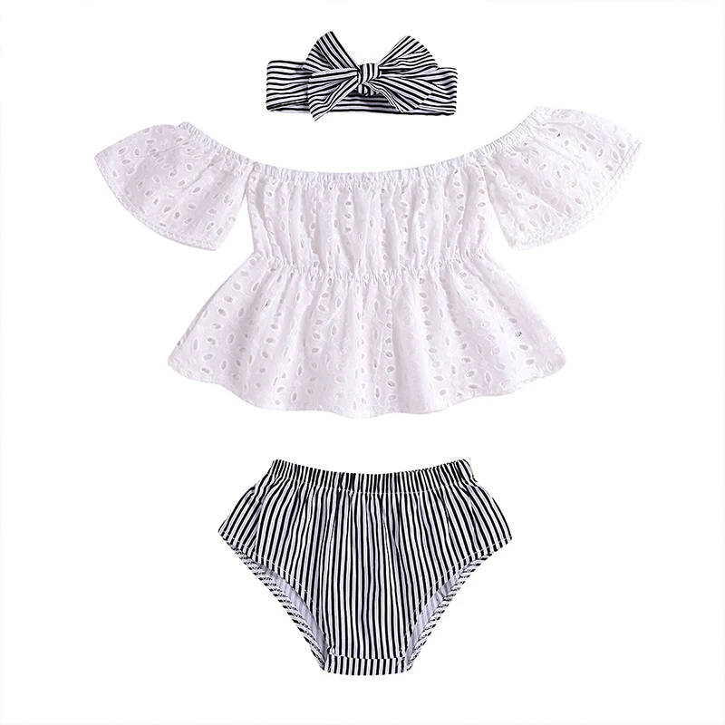 

Summer Toddler Girl Clothes Strapless Houlder Lace Bow Hair Band 3 Pieces Sets For Girls Striped Shorts Briefs