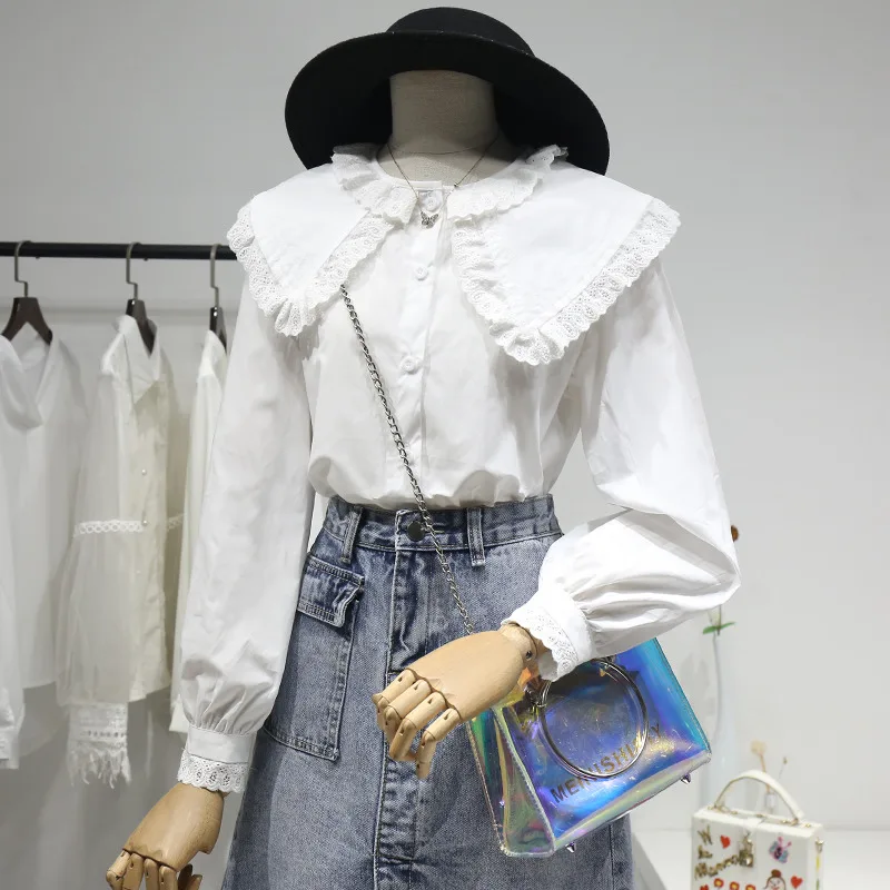 

Limiguyue Повседневная Осенняя белая женская блузка с воротником Питер Пэн, базовая винтажная рубашка с оборками и длинным рукавом, офисные эле...