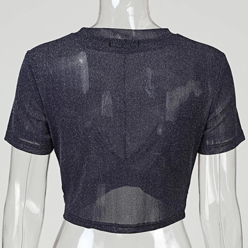 

Summer Women's Sexy See Through Mesh Blouse Short Sleeve Transparent Shining Elegant Shirt Fashion Women Tops