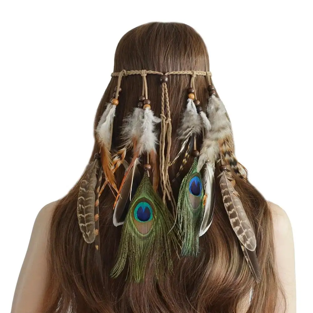 

Hippie Indian Feather Shape Headbands for Women Boho Weave Feathers Hair Rope Headdress Gypsy Tribal Festival Party Jewelry Gift
