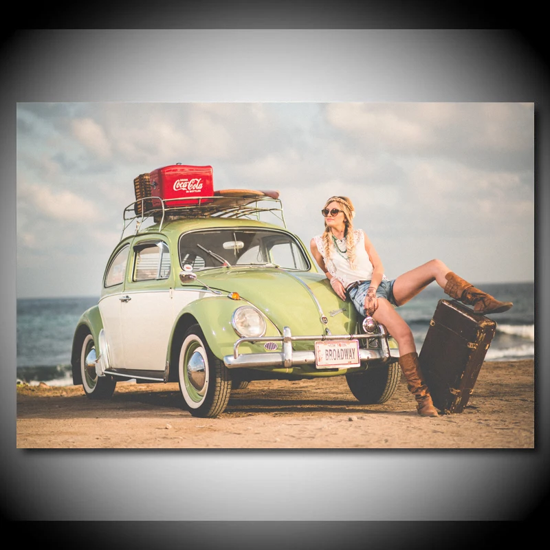 

Beach Beetle Old Car Fashion Model Girl Seashore Wallpaper Print Paintings Canvas Wall Art Poster for Living Room Decor