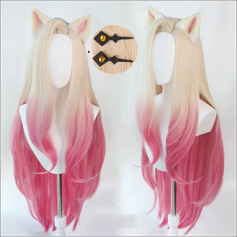 

KDA Baddest Ahri Cosplay Wigs LOL KDA Cosplay Blonde Mixed Pink Heat Resistant Synthetic Hair Wigs + Ears + Hairpins