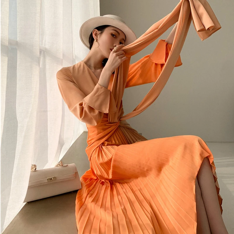 

Elegant Hit Color Ruched Dress For Women V Neck Long Sleeve High Waist A Line Midi Dresses Female Summer 2021 Style