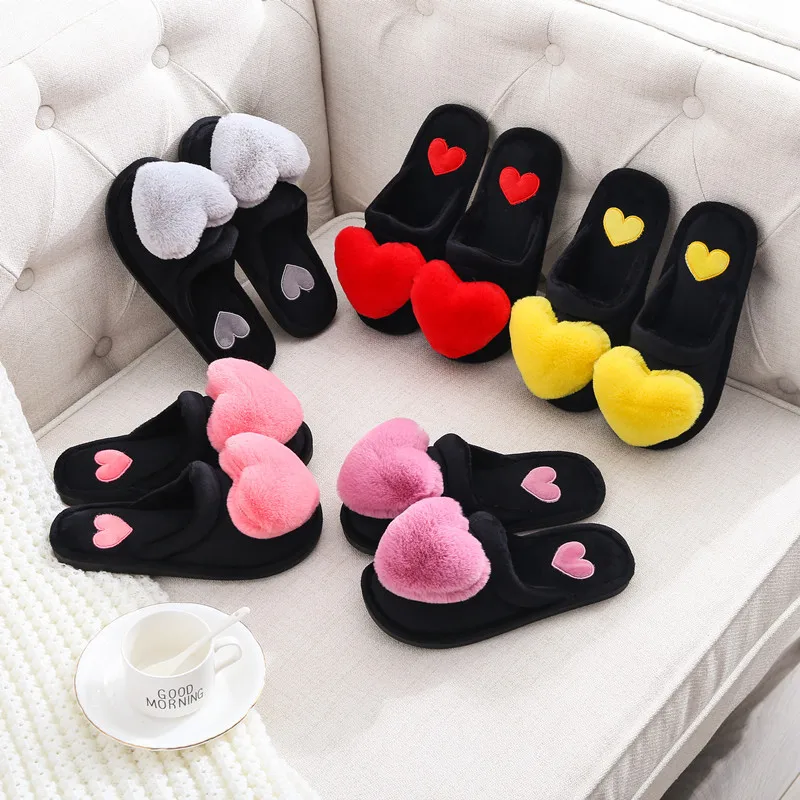 

New Winter Sweetheart Women Girl Flip Flop Fur Slides Cotton Indoor Shoes Warm Fluffy House Lovely Heart-Shaped Slipper