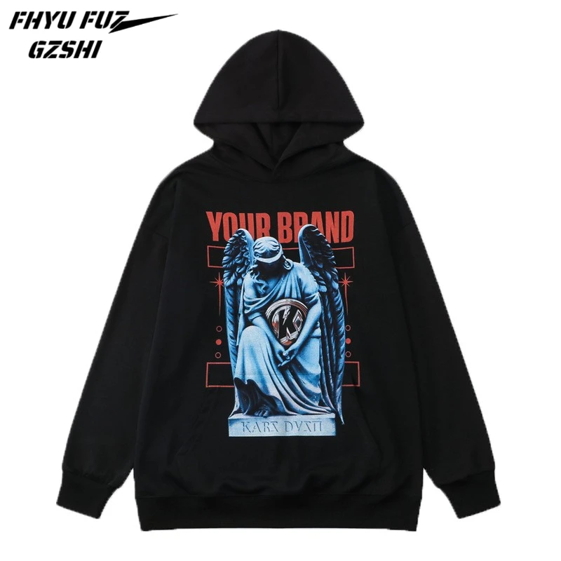 

2022 Mens Edgy Punk Loose Long Sleeve Hoodies Angel Stone Statue Print Pullovers Women Cotton Hoodies Black Tops Streetwear WY14