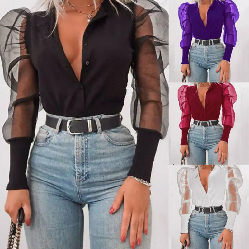 

Women Sexy Deep V-Neck Ruffle Tulle Blouses Female Long Puff Sleeve Shirt Solid Shirts Office Lady Hight Street Wear