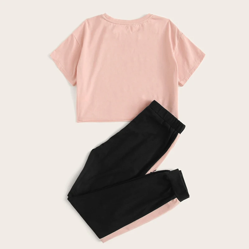 SHEIN/Детская футболка с буквенным принтом для девочек и спортивные штаны с контрастными боковыми вставками, повседневный комплект для детей, г. Летняя одежда для активного отдыха костюм с короткими рукавами, комплекты