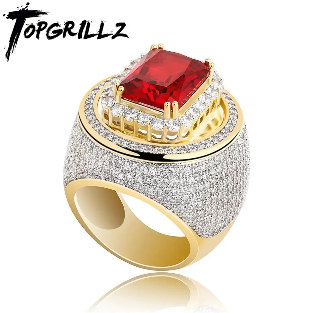 TOPGRILLZ Hip-Hop Classic Gold Color Plated Cubic Zircon Big Red Stone Ring Personality Fashion Men Women Jewelry Lover Gift