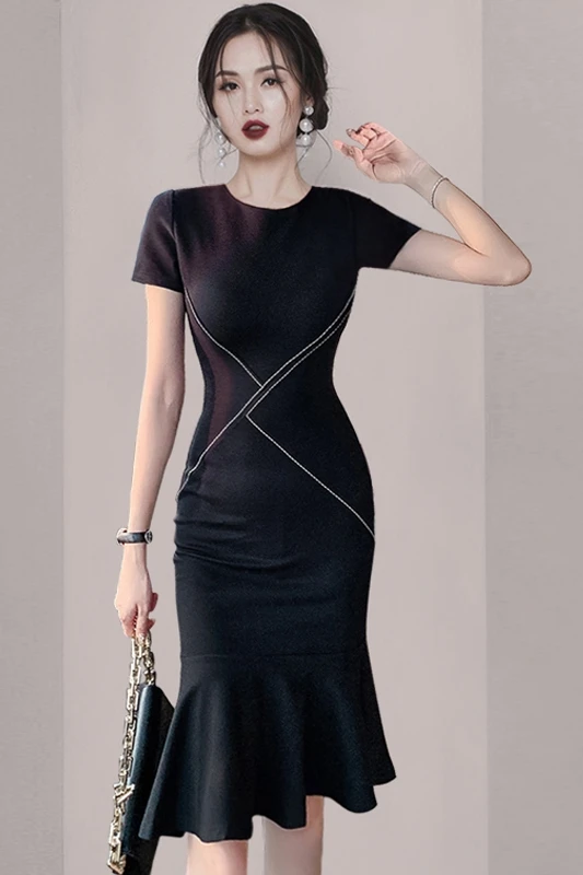 

COIGARSAM French Style Ruffles Women dress New Summer Dresses Black White 5268