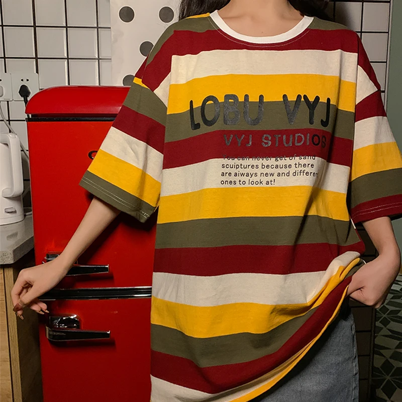 

Summer Rainbow Striped Short Sleeve T-Shirt Women's Americanvintage Korean Style Cotton Couple Oversized Clothes For Teenagers