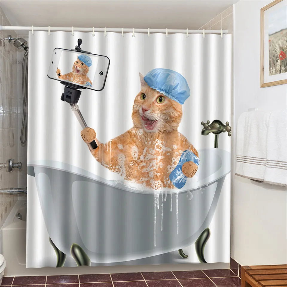 

Selfie Kitty Shower Curtain Waterproof Polyester Fabric Cute Animals Bathroom Decoration Curtains with Hooks Home Design шторы