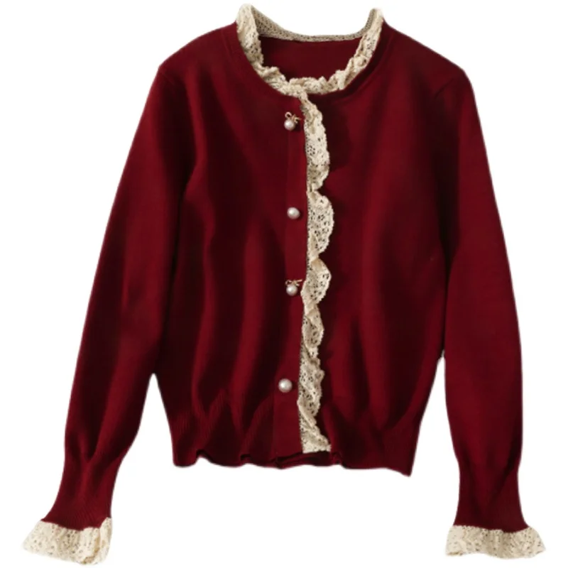 

Hong Kong style retro lace stitching single breasted T-shirt women's new stand collar cardigan long sleeve base coat