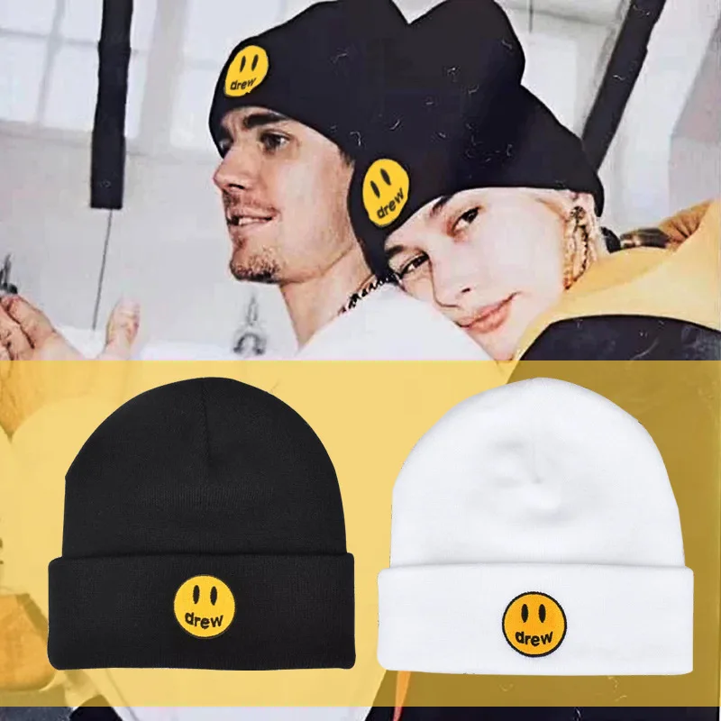 

Drew Yellow Smiling Face Embroidered Beanie Hat Couple Lovers Winter Knitted Bonnet Hat Wool Skullies Beanies Hiphop Brand Cap