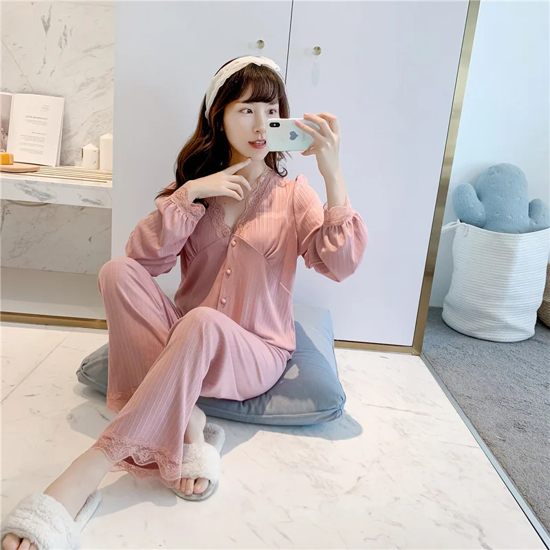 New Fashion Pajamas Women Pit Strips Pure Cotton Comfortable Lace Sexy Court Style Temperament Long-Sleeved Suit Home Service