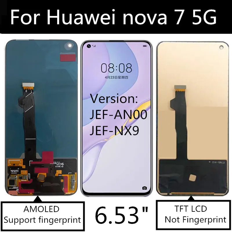 

6,53 "для Huawei nova 7 5G JEF-AN00, JEF-NX9, ЖК-дисплей, сенсорный экран, дигитайзер, для сборки, для Huawei nova7 AMOLED или ЖКД на тонкопленочных транзисторах на тонк...