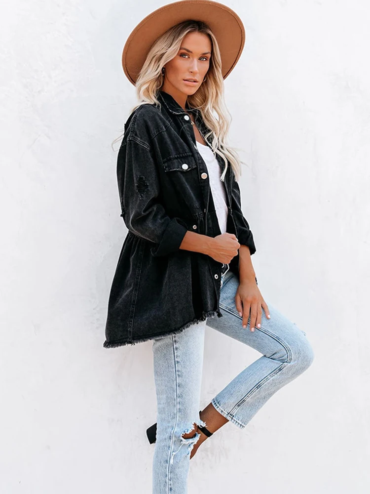 

Women Solid Hole Buttons Loose Denim Jacket 2020 Autumn Turn-Down Collar Pocket Hem Frayed Ladies Streetwear Black Jeans Coat
