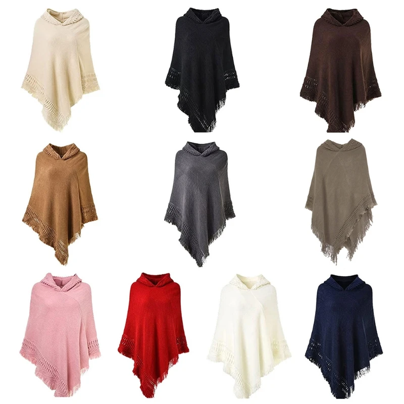 

Women Winter Knitted Hooded Poncho Cape Solid Color Crochet Fringed Tassel Shawl Wrap Oversized Pullover Cloak Sweater