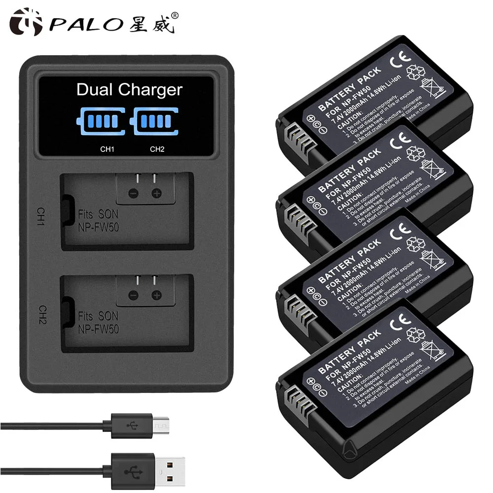 PALO 4 шт. NP-FW50 NPFW50 батарея для камеры FW50 2000mAh 7,4 V+ светодиодный двойной зарядное устройство для sony a6500/6300 A7SM2 RX10 II NEX-3/3N/5C/5 T/CD - Цвет: 1 charger 4 battery