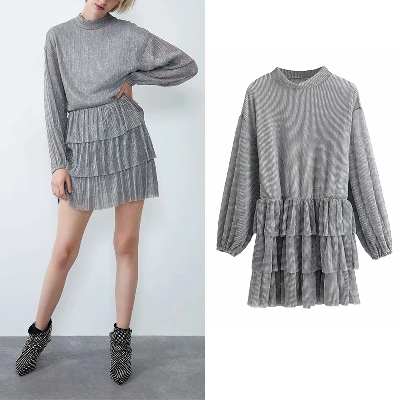 Женское платье с оборками элегантное вечернее мини длинным рукавом фонариком и