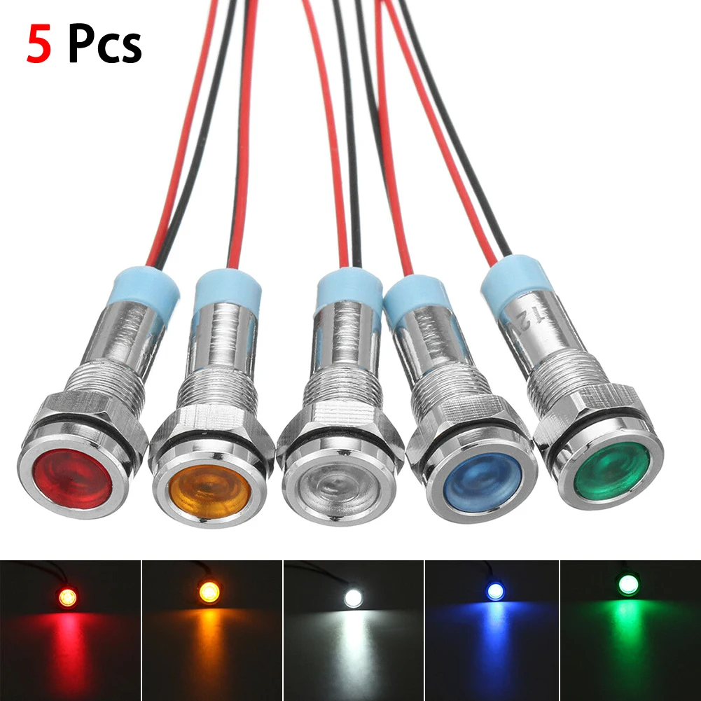 

5x Car Boat 12V 6mm Mini Metal LED Panel Dash Signal Indicator Warn Light Cable Chrome Finish Car Boat Marine Lamp