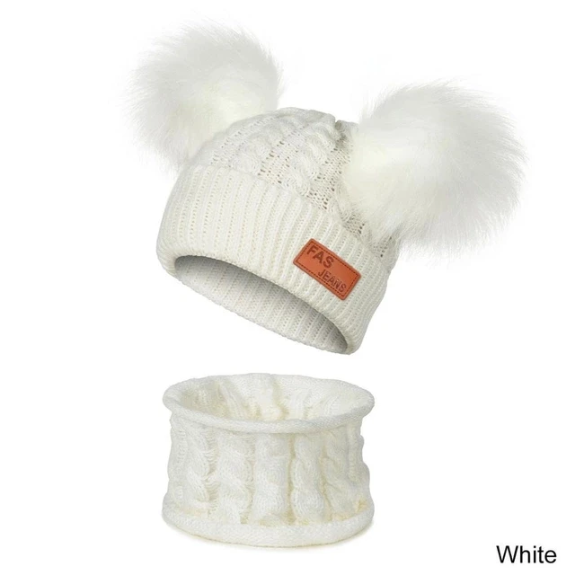 TRUENJOY 2 PCS Children Winter Knitting Hat Pom Pom Knitted Beanie Hat Ring Scarf Set for Kids Winter Skullies Hat boys girls - Цвет: F