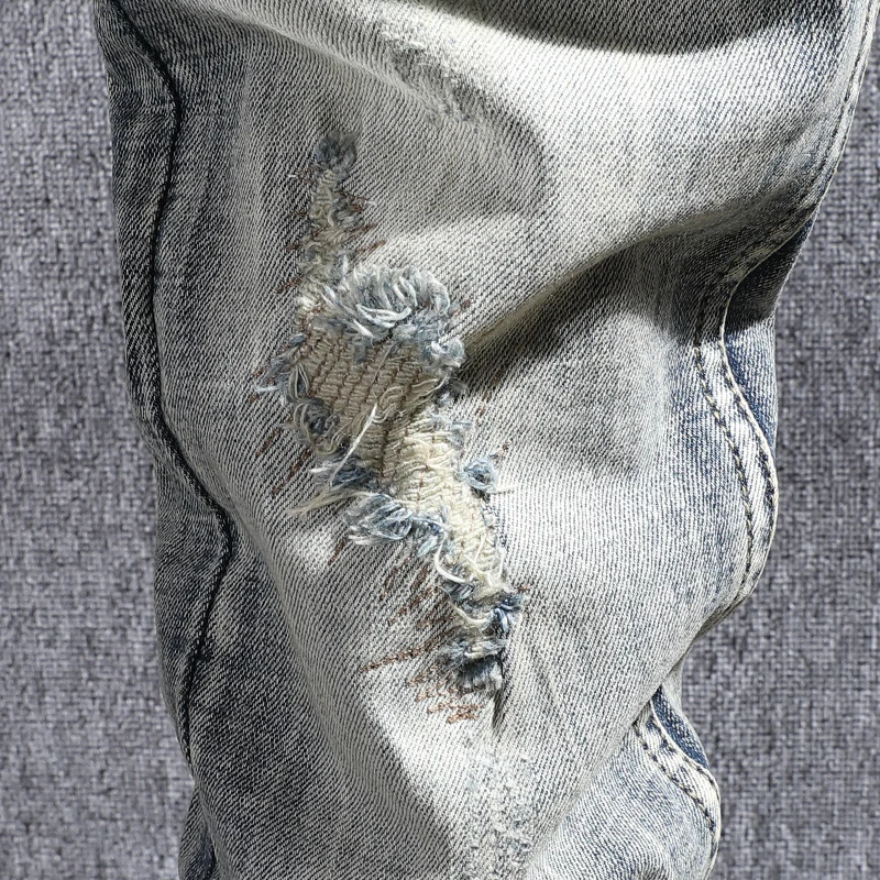 European Street Fashion Men Jeans Retro Distressed Elastic Slim Ripped Jeans Men Vintage Patchwork Designer Casual Denim Pants