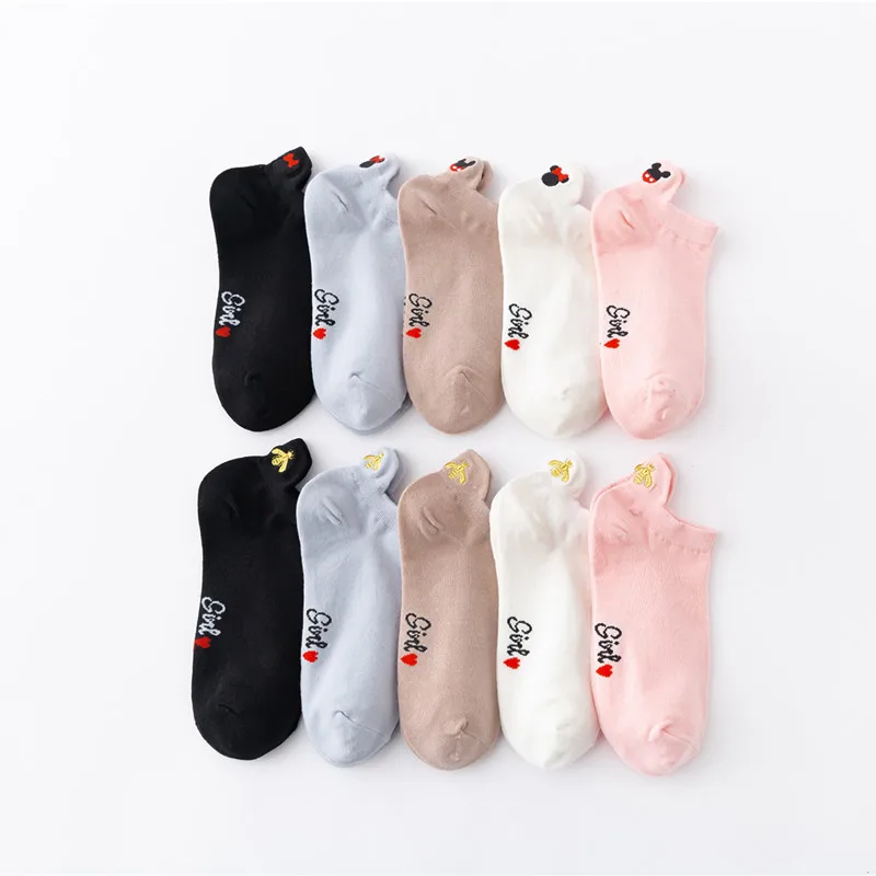 

4 Pair/Lot Socks Women's Low Tube Boat Socks Gold Silk Embroidery Mouse Ankle Women Socks Cotton Kawaii Low Cut Thin Size 36-40