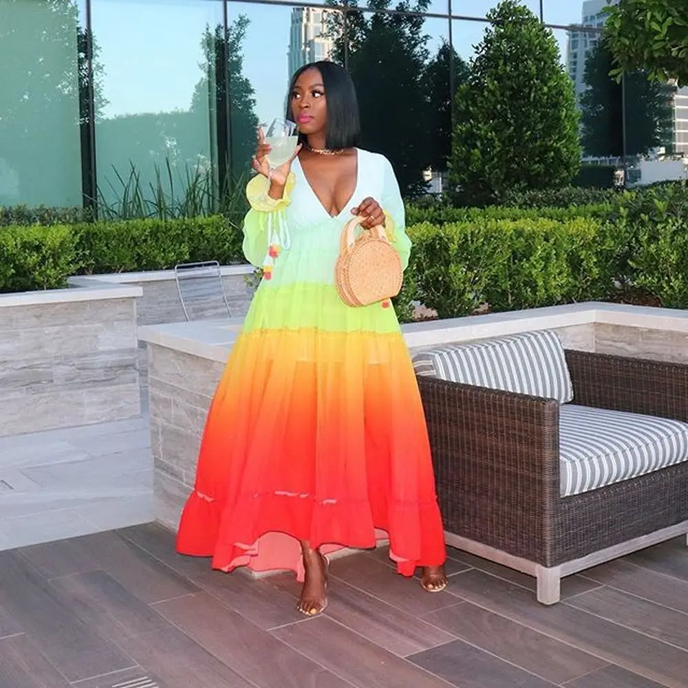 

Gradient Color Autumn Bohemian Maxi Dress Women Sexy Deep V Neck Long Flare Sleeve Party Dress Retro Fit and Flare Loose Vestido