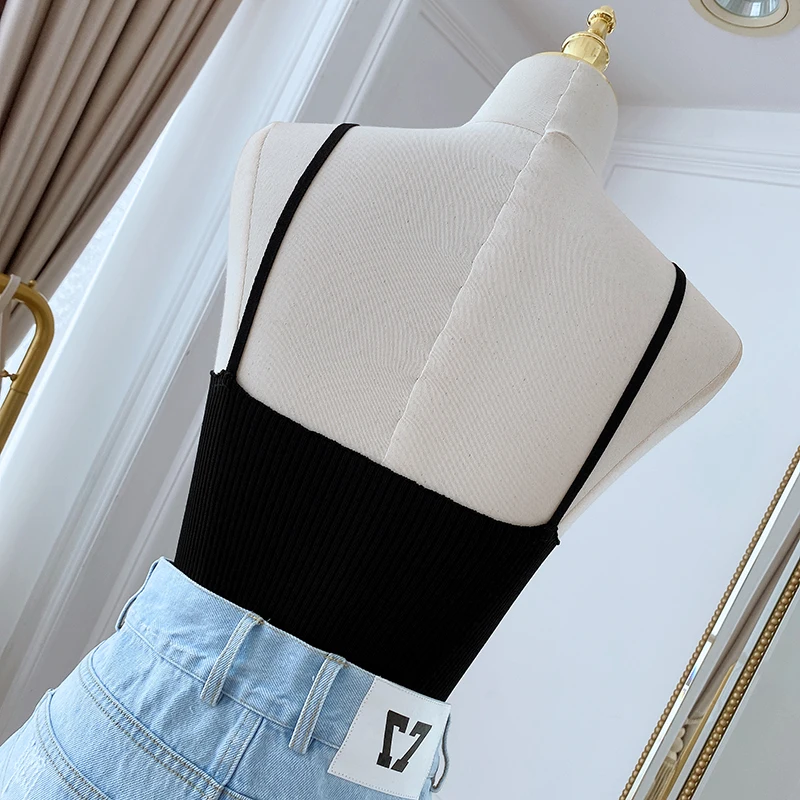 Sexy Bow Light Diamond Camisole for Women New Summer Fashion Short Sling Elastic Slim Fit Slimming Knitted Vest Solid Colour Top