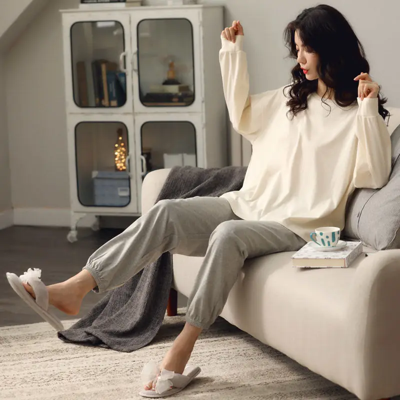 

QWEEK Pajama Set Women Solid Color Long-sleeved Trousers Pijamas Bunch Cuffs Home Clothes Sleep Wear Summer Autumn Pyjamas Soft